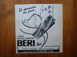 Publicité 1953 Le Papier Insecticide BERI Tue Mouches Et Moustiques Bébé Dormira En Paix Laboratoire Fénéon Lyon - Werbung