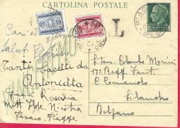 SEGNATASSE C. 20+ C.10 SU INTERO CARTOLINA POSTALE VINCEREMO C. 15 DA "PIAGGE*20.1.43*/(PESARO)" PER SILANDRO - Strafport