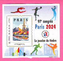 BLOC DENTELE FFAP N° 23 -  97° CONGRES PARIS 2024 LA PASSION DU TIMBRE TOUR EIFFEL SPORTIFS TP ADHESIF LETTRE VERTE - - FFAP