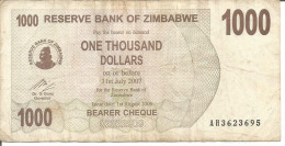 ZIMBABWE BEARER CHEQUE 1.000 DOLLARS 01/08/2006 - Zimbabwe