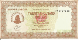 ZIMBABWE BEARER CHEQUE 20.000 DOLLARS 01/12/2003 - Zimbabwe