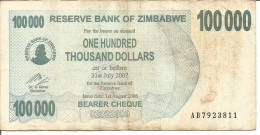 ZIMBABWE BEARER CHEQUE 100.000 DOLLARS 01/08/2006 - Simbabwe