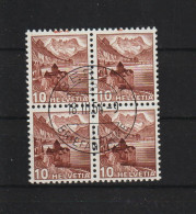 Schweiz Landschaften 10Rp. Dunkelbraun (1940) Geriffelt SBK#242z Im 4-er Block Gestempelt (220-.) 1954-03-18 - Used Stamps