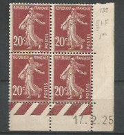 FRANCE ANNEE1907/1939 N° 139 BLOC DE 4 EX COIN DATE 17/2/25 NEUF** TB COTE 60,00 € - ....-1929
