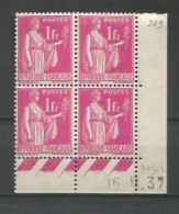 FRANCE ANNEE 1937 N°369 BLOC DE 4EX NEUFS** MNH COIN DATE 16/9/37 TB COTE 35,00 €  - 1930-1939