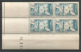 FRANCE ANNEE 1937 N°336 BLOC DE 4EX COIN DATE 15/3/37  NEUFS** MNH TB COTE 25,00 €  - 1930-1939