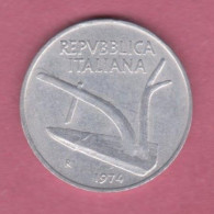 Italy,1974- 10 Lire- Aluminium . Obverse Plough, Lettering Above, Date Below. Reverse Two Ears Of Wheat - 10 Lire