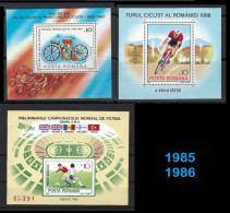 ● ROMANIA 1985 1986 ֍ Ciclismo / Bicicletta / Cycle / Motocicletta  / Moto ● Calcio Mexic 86  ● 3BF ** ● Cat. 29 € ● - Blocks & Sheetlets