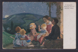 Ansichtskarte Künstlerkarte Sternennacht Mutter Kinder Landschaft - Gruppen Von Kindern Und Familien