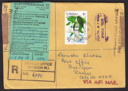 Antigua & Barbuda: Registered Cover To Israel, 1985, 1 Stamp, Flower, Overprint, C1 Customs Label (traces Of Use) - Antigua Et Barbuda (1981-...)