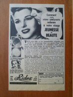 Publicité 1949 Creme Catalysante RIDEX Lait Trivalent Laboratoire Naxolithe Paris Jeunesse Et Beauté - Reclame