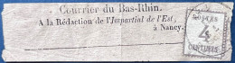 Bande Journal Incomplète Le Courrier Du BAS-RHIN Du 7 MARS 1871 N°3 4c Gris Obliteré Dateur Allemand De STRASSBURG RR - Covers & Documents