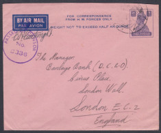 Inde British India 1943 Used Airmail Forces Mail, King George VI Cover, Censor, To England, Envelope, Postal Stationery - 1936-47 King George VI