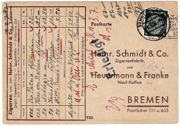 Company Postcard Heinr. Schmidt & Co. Cigar Factory And Heurenmann & Franke Hauf-Kaffe BREMEN Seal Schweinfurt  1.9.1936 - Cartes Postales