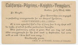 Postal Stationery USA 1886 - Privately Printed Annual Re-Union - California - Pilgrims - Knights - Templars - Franc-Maçonnerie