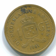 1 GULDEN 1991 NETHERLANDS ANTILLES Aureate Steel Colonial Coin #S12138.U.A - Niederländische Antillen