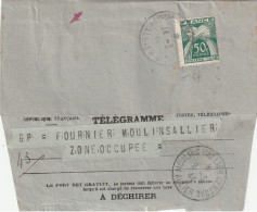T. à D. De MOULINS S/ALLIER CENTRAL (ALLIER) - Zone Occupée -  Sur Télégramme Taxé à 50c. ((T. 69) TTB. - Telegraaf-en Telefoonzegels
