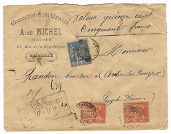 1895 - Enveloppe Affr. à 95 C  ( N° 94 X 2 + 90 ) V D 1550 F. Oblit. CHARGEMENTS / MARSEILLE - 1877-1920: Semi Modern Period