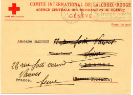 SUISSE-FRANCE.1940. MILITAIRE FRANCAIS PRISONNIER EN ALLEMAGNE. CROIX-ROUGE INTERNATIONALE GENEVE. (fiche 92a) - Marcofilie