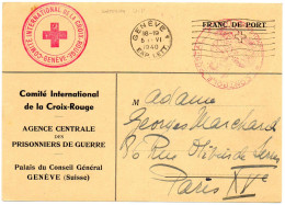 SUISSE-FRANCE.1940. RECHERCHE MILITAIRE DISPARU. CROIX-ROUGE INTERNATIONALE GENEVE. (fiche 232a). CENSURE - Postmark Collection