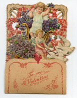 Valentine.Carte à Système Richement Décorée,anges,traîneau Avec Fleurs De Violettes Tiré Par Des Colombes Blanches - Children