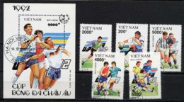 VIETNAM VIET-NAM 1992, FOOTBALL EURO 92, 5 Valeurs Et 1 Bloc, Oblitérés / Used. R249 - Championnat D'Europe (UEFA)