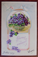 Cpa Heureux Anniversaire - Vase Avec Fleurs - Colombes - Art Nouveau - Birthday
