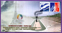 Greece 2024 Olympic Games, Paris Olympics, Flame In Panathenaic Stadium,Eiffel Tower - 3, Sp Cover  (**) - Briefe U. Dokumente