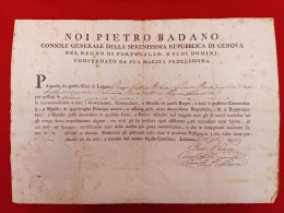LAISSER PASSER AUTOGRAPHE PIERRE BADANO CONSUL GENERAL REPUBLIQUE DE GENES AU PORTUGAL A ORAZIO ANTONIO ROCCA 1779 - Historische Dokumente