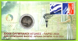 Greece 2024 Olympic Games, Paris Olympics, Olympic Flame In Ancient Olympia, FDC Cover +Coin (**) - Covers & Documents