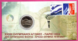 Greece 2024 Olympic Games, Paris Olympics, Olympic Flame In Ancient Olympia,Type 2, FDC Cover +Coin (**) - Lettres & Documents