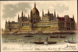 Lithographie Budapest Ungarn, Neues Parlament, Boote - Hungary