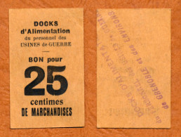 1914-1918 // GRENOBLE (Isère 38) // DOCKS D'ALIMENTATION // Usine De Guerre // Bon Pour Vingt Cinq Centimes - Bonds & Basic Needs