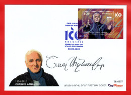 Armenien/Armenie 2024, 100th Ann. Of Charles Aznavour (1924-2018), Armenia Yerevan 0010 Cancelation, SS - FDC - Armenien