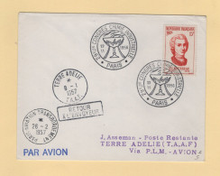 Destination Terre Adelie - 1957 - Congres Chimie Industrielle - Retour A L Envoyeur - Paris Transbordement - 1921-1960: Période Moderne