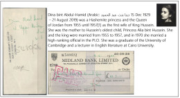 Jordan Kingdom HM Queen Dina A Hamdi Personal Signed Cheque 1963 Midland Bank England - Assegni & Assegni Di Viaggio