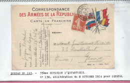 CARTE DE FRANCHISE Pour Geneve  8 Octobre 1914  Tresor Et Poste 15 - 1877-1920: Semi Modern Period