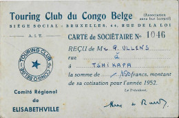 Touring Club Du Congo Belge - Comité Régional De ELISABETHVILLE - Carte De Sociétaire 1952 - Lidmaatschapskaarten