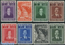 Albania 1938 King 10 Year Jubilee 8v, Unused (hinged), History - Nature - Kings & Queens (Royalty) - Birds - Birds Of .. - Familles Royales