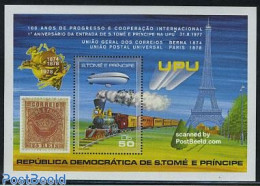 Sao Tome/Principe 1978 UPU Centenary S/s, Mint NH, Transport - Stamps On Stamps - U.P.U. - Railways - Zeppelins - Briefmarken Auf Briefmarken