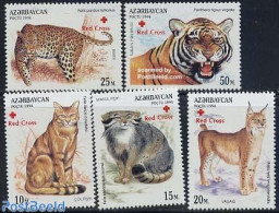 Azerbaijan 1997 Red Cross Overprints 5v, Mint NH, Health - Nature - Red Cross - Cat Family - Cats - Red Cross