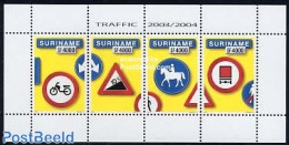 Suriname, Republic 2004 Traffic 4v M/s, Mint NH, Nature - Transport - Horses - Automobiles - Motorcycles - Traffic Saf.. - Coches