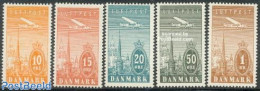 Denmark 1934 Airmail Definitives 5v, Unused (hinged), Transport - Fokker Airplanes - Aircraft & Aviation - Ongebruikt