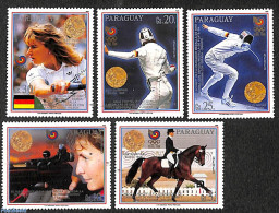 Paraguay 1989 Olympic Winners 5v, Mint NH, Nature - Sport - Horses - Fencing - Olympic Games - Tennis - Schermen