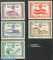 Austria 1955 Independence 10th Anniversary 5v, Unused (hinged), Nature - Transport - Water, Dams & Falls - Railways - Unused Stamps