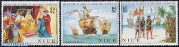 Niue 1992 Discovery Of America 3v, Mint NH, History - Transport - Explorers - Flags - Kings & Queens (Royalty) - Ships.. - Explorateurs