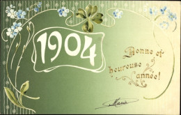 Gaufré Lithographie Glückwunsch Neujahr 1904, Glücksklee, Vergissmeinnicht - New Year