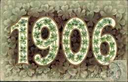 Gaufré Lithographie Glückwunsch Neujahr 1906, Glücksklee - New Year