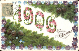 Gaufré CPA Glückwunsch Neujahr 1906, Vergissmeinnicht, Tannenzweige - Nouvel An