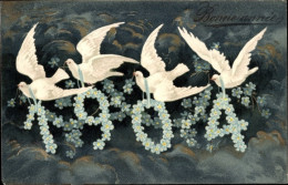 Gaufré Lithographie Glückwunsch Neujahr, Jahreszahl 1904, Vergissmeinnicht, Tauben - Nouvel An